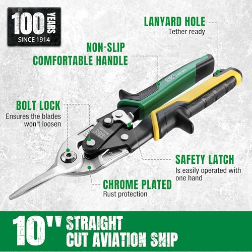 SK 10-Inch Tin Snips Heavy Duty, Straight Cut Aviation Snips, Cr-Mo Steel - size: 10" Straight Cut