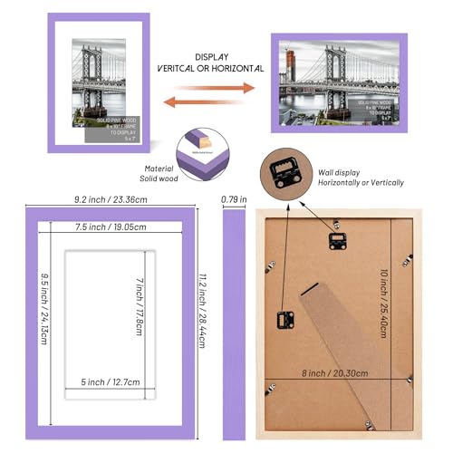 8x10 Picture Frames Solid Wood Display Pictures 5x7 With Mat or 8x10 Without Mat for Wall Mounting or Table Top (Purple) - color: Purple, size: 8x10 inch