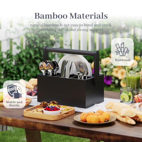 Silverware Caddy with Removable Dividers, Portable Utensil Holder for Party & Picnic, Bamboo Countertop Cutlery Organizer with Handle for Kitchen, RV & Outdoor Events (Black) - color: Black