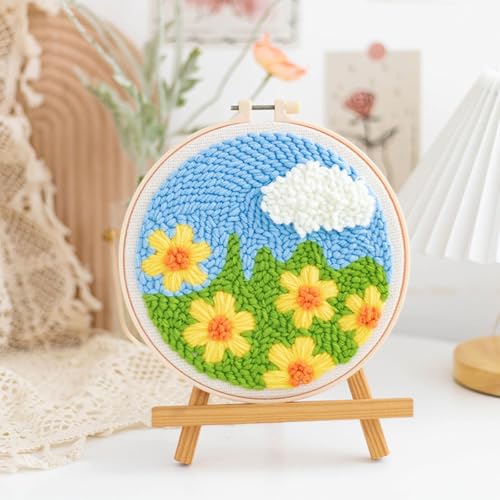 Allazone 3 Set Punch Needle Embroidery Starter Kits, DIY Craft Punch Needle Kits with Flower Pattern, Plastic Hoop, Yarn, Embroidery Handle Needle Pen and Instruction - color: Yellow flowers