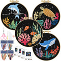 ERKOON 4 Set Embroidery Kit for Beginners, Cross Stitch Set Include Embroidery Cloth Hoops Threads for Craft Lover Hand Stitch with Embroidery Skill Techniques (Marine Animals) - color: Marine Animals