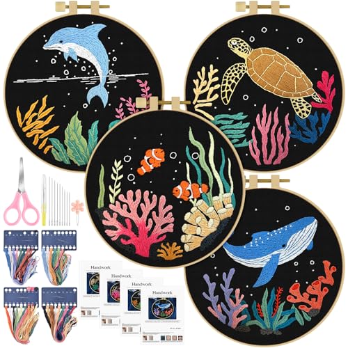 ERKOON 4 Set Embroidery Kit for Beginners, Cross Stitch Set Include Embroidery Cloth Hoops Threads for Craft Lover Hand Stitch with Embroidery Skill Techniques (Marine Animals) - color: Marine Animals