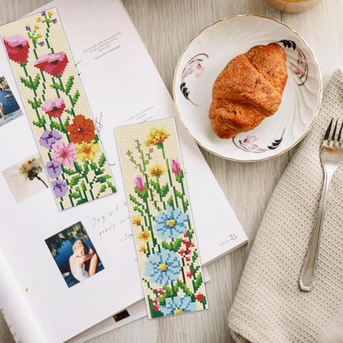 INFUNLY 6 PCS Wildflower Cross Stitch Bookmarks Kits Floral Counted Cross Stitch Bookmark Set with Embroidery Thread Needles, DIY Embroidery Bookmark Crafts Supplies for Adults Reading Book Lover Gift - style: Wildflower