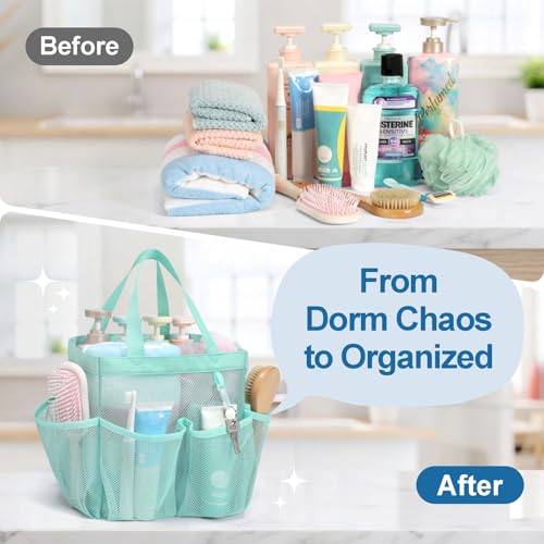 Mesh Shower Caddy Portable - 8 Pockets, S-Hook, Shower Bag for Dorm Camping - color: Sage Green, size: L (Classic Dorm Caddy)