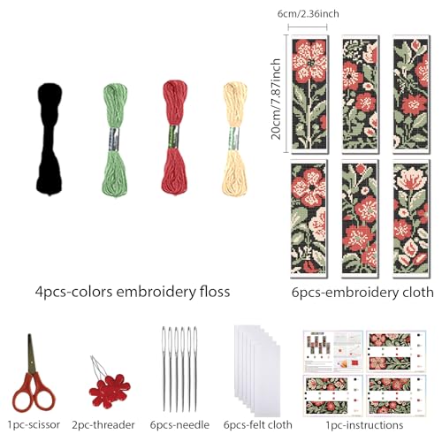 FREEBLOSS 6 Set Cross Stitch Bookmark Kits 8"x2.4" Red Flowers on Black - style: Flat style