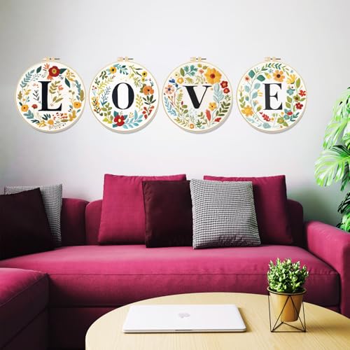 FREEBLOSS 4 Sets 11.6" Embroidery Kit for Beginners Needlepoint Embroidery Starter Kit with Flower Stamped Patterns, Instructions, Colored Threads, 2 Hoops - style: Love Flower