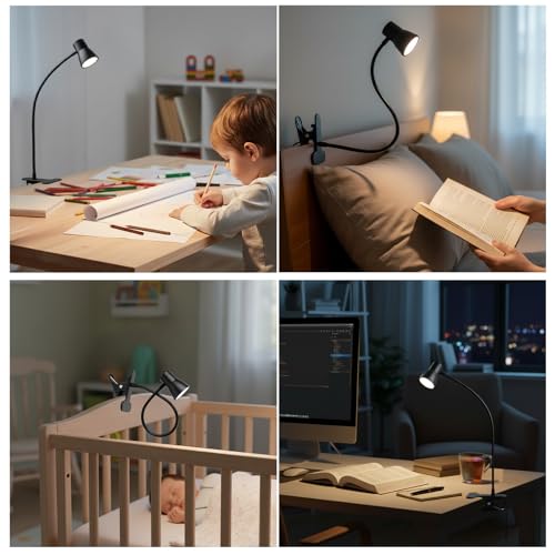 Eye-Caring Clip On Desk Lamp, 3 Color Modes & 10 Brightness LED Reading Light with Clamp, 360° Rotatable Gooseneck Reading Light, Portable Clamp Lamp for Bedroom, Office and Study (Black-Small)