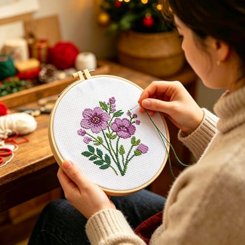 Zhenqing Purple Floral Bouquet Cross Stitch Kit for Beginners - 11CT 24x24cm Pre-Printed Pattern with Embroidery Hoop, Threads & Tools(70523) - color: Purple Floral Bouquet