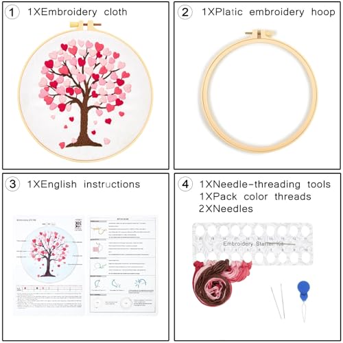 Love Heart Tree Embroidery Kits for Beginners Adults, Valentine's Day Hand Embroidery Kits, Cross Stitch Kits for Adult Anniversary Valentine's Gift, Entire Set of Embroidery Supplies & Video Tutorial - color: H2067