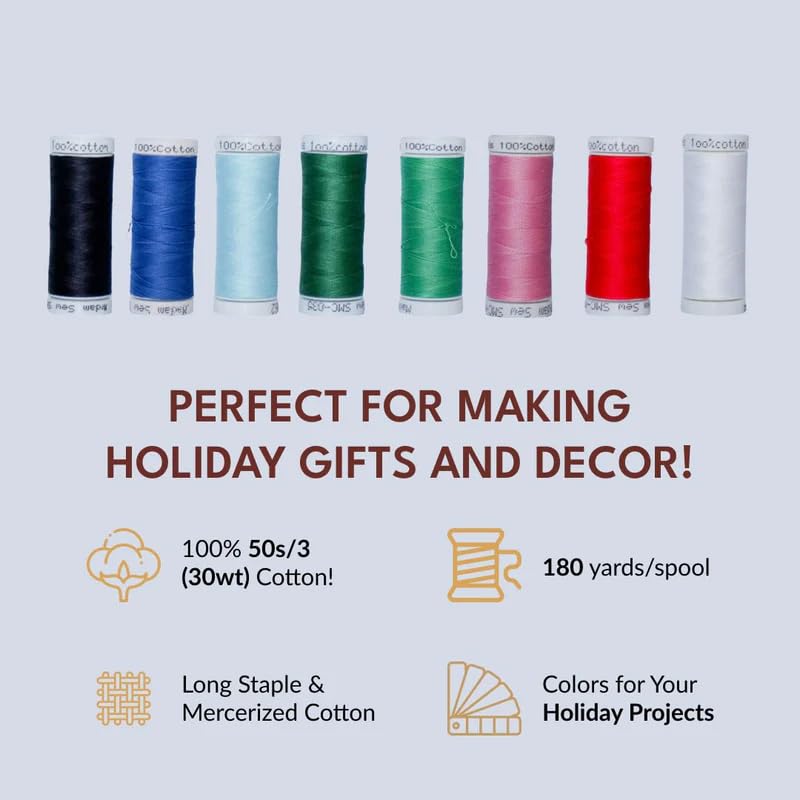 Madam Sew Cotton Thread Set – 8 Small Spools – 100% Cotton Thread for Sewing Machine & Hand Stitching | Strong, Low-Lint All Purpose Threads for Fabric, Quilting, and Stitching – Holiday Must Haves - color: Holiday Must Haves