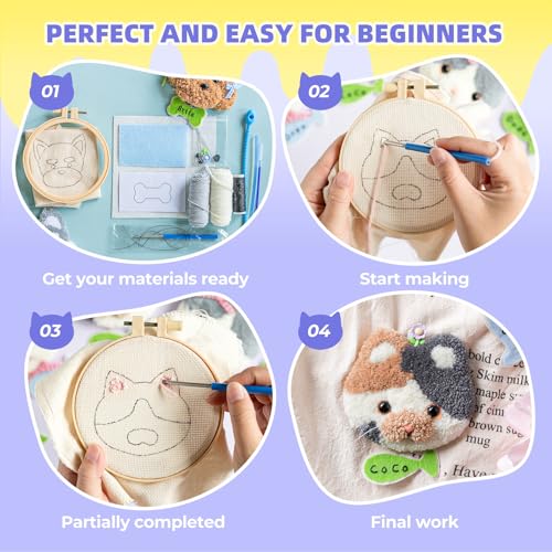 Punch Needle kit-4,Embroidery kit for Beginners,Punch Needle Kits Adults Beginner,Punch Needle kit for Beginners, Includes All Tools and Materials,Easy to Follow Instructions and Videos-Cats and Dogs - color: Cats and Dogs