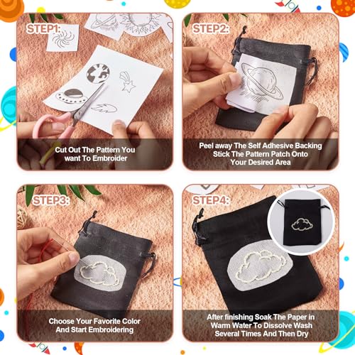 Magibeads 68 Patterns Space Theme Water Soluble Embroidery Patterns Rocket Planets Astronauts Stick and Stitch Transfer Embroidery Paper for Adult Beginners Hand Sewing Starter Kit - color: Space