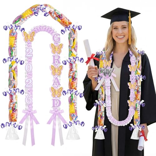 JenPen 2026 Graduation Leis Candy Lei Kit, 2026 Graduation Ribbon Woven Double Braided Necklace DIY Kit for High School College Women Men Graduate Gift Party Supplies - color: Purple White