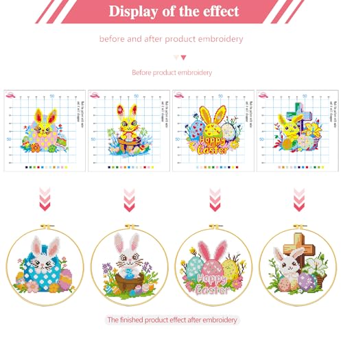 Zhenging Easter Cross Stitch Kit with 4 Bunny & EggPatterns -9.45x9.45 Inch Hoop, Pre-Printed Fabric,Threads, Tools -DlY Easter Craft Gift for Adults, HomeDecor - color: 69461