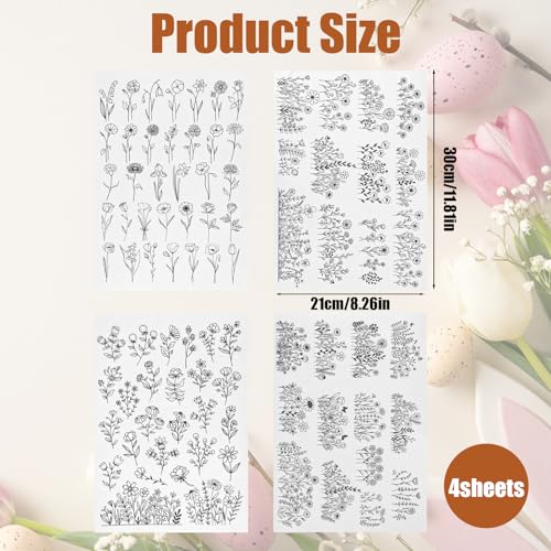 Stick and Stitch Embroidery Paper 4 Sheets, Water Soluble Embroidery Patterns Pre-Printed Wash Away Stabilizer, Dissolvable Floral Leaf Transfer Templates for Hand Sewing Clothes Canvas Bags Jeans