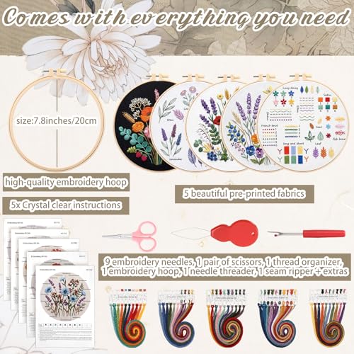 Yinder 5 Set Embroidery Kit for Beginner Starter Kit, Flowers - style: Flowers