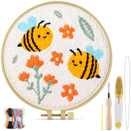 TINDTOP Punch Needle Kits, DIY Punch Embroidery Kits for Adults Beginner, Tool with Punch Needle Fabric, Hoops, Yarns and Sewing Needles (Set E) - color: Set E