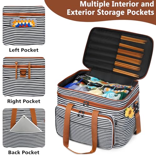 Crochet Organizer Bag with Yarn Holder, Large Yarn Storage for Accessories - color: Black Stripes