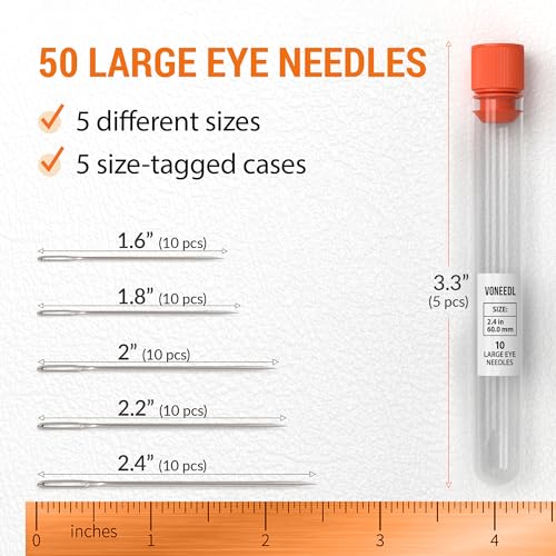 VONEEDL 50 PCS Large Eye Sturdy Hand Sewing Needles - Easy to Thread Embroidery Needles - Big Eye Cross Stitch, Quilting, Crewel, Darning, Crafting Needles