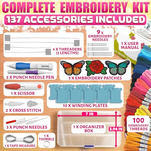 137-Piece Embroidery Kit for Beginners with 100-Color Floss
