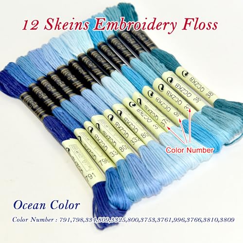 Premium Rainbow Color Embroidery Floss - Cross Stitch Threads - Friendship Bracelets Floss - Crafts Floss - 12 Skeins Per Pack Embroidery Floss,Ocean Color - color: Ocean Color