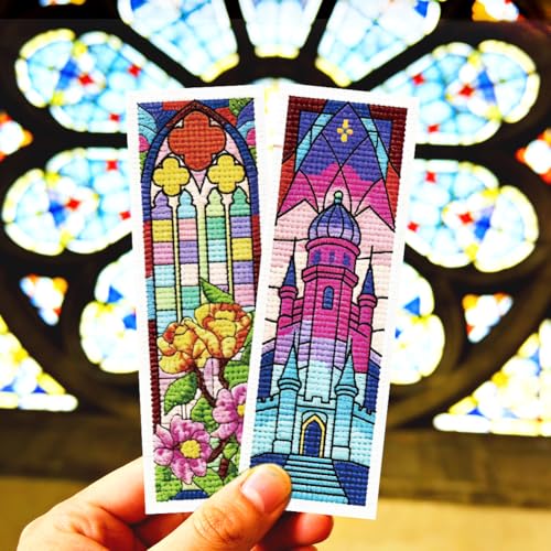 ORIGACH 6 Set Fantasy Stained Glass Cross Stitch Bookmark Kit for Beginner - style: Fantasy Stained Glass