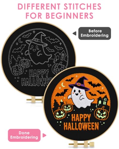 TINDTOP Halloween Embroidery Kit for Adult, Embroidery DIY Starter Kit, with Stamped Patterns, Hoop, Tools, Colorful Threads with Needles, Instructions (Halloween B) - color: Halloween B