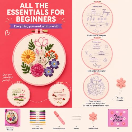 Embroidery Kit for Beginners Adults & Teens - Complete Starter Set with Rabbit & Flower Patterns, Practice Samples, Embroidery Hoop, Threads & Needles - DIY Hand Embroidery Craft Gift