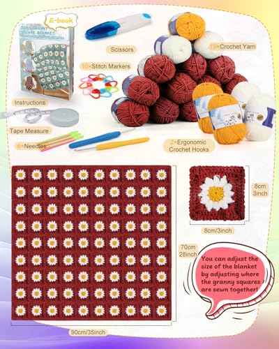 Coopay Crochet Kit for Beginners, Granny Square Crochet Blanket Kit, Red - color: Roman Red - Daisy