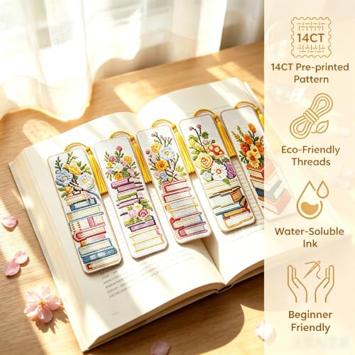 5PC Book Flowers Counted Cross Stitch Bookmark Kit for Adults Beginners - color: SQJ010-01
