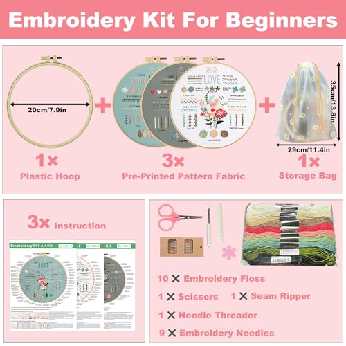 ZVKVJVZ Embroidery Starter Kit for Beginners Floral Stamped Patterns 3 Sets