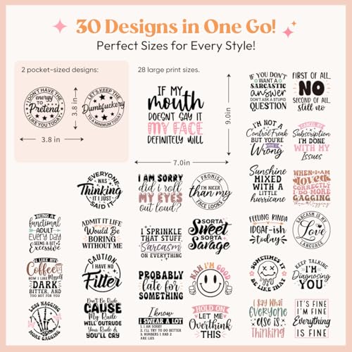 Kaciola 30 Sheets Sarcastic Quotes DTF Transfers Ready to Press, Humorous Iron on Transfers Stickers Funny Iron on Decals for T Shirts Hoodie DIY Crafts - color: Sarcastic