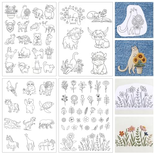 4 Sheets Water Soluble Embroidery Stabilizer, Animal Flower Embroidery Patterns Stick & Stitch Embroidery Paper Self Adhesive Wash Away,Cow Cat Bear Dinosaur Horse Animal Style for Hand Sewing Lovers - size: Pattern: Animal (Style 2)