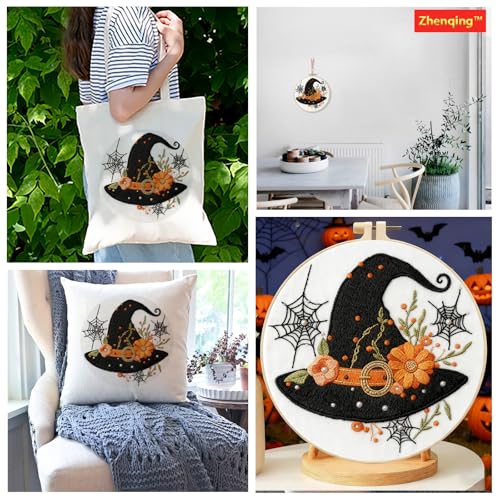 Zhenqing Halloween Witch Hat Embroidery Kit for Beginners, Black Witch Hat Needlework Kit with Pre-Printed Cotton Fabric, Hoop, Threads & Tools, Spooky Fall Decor (C0119) - style: Halloween Witch Hat