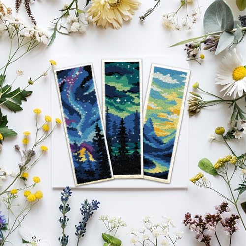 ACRNIGHEET 6PCS Stamped Cross Stitch Bookmark Kits for Beginners Scenery - style: Landscape Patterns 1