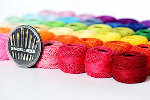 LE PAON 48 Crochet Thread Set Balls 100% Long-Staple Cotton Rainbow Colors of Size 8 Threadand Free 30 Golden Needles 48 Balls for Crochet Hardanger Cross Stitch Needlepoint Hand Embroidery - color: 48 Solid colors