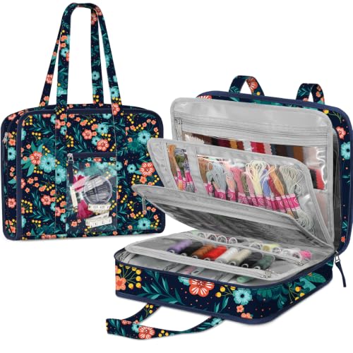 FINPAC Sewing and Craft Supplies Storage Tote Bag with Clear Pockets - color: Navy Bloom