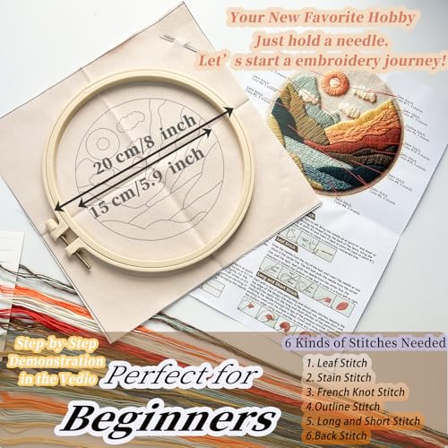 FONNUY Embroidery Kit for Beginners, Textured Vibrant Nature Landscape Pre-Stamped Pattern Kits for Adults with Hoop, Easy to Follow Color Thread Needlework, 8'' Hoop (Green 1) - color: Green 1