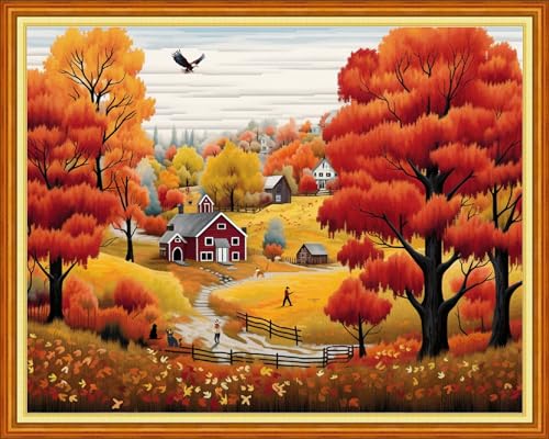 Dimensean Stamped Cross Stitch Kits Full Range of Embroidery Patterns Starter Kits for Beginners Adult DIY Cross Stitches Needlepoint Kits 11CT-Deep Autumn Scenery 16x20 inch - color: Craftpattern45