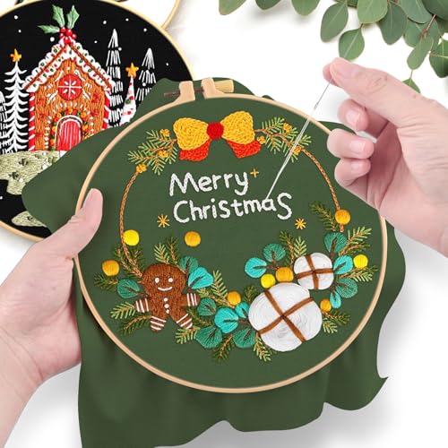 ERKOON 4 Sets Embroidery Kit for Beginners, Christmas Cross Stitch Set with Easy Pattern Embroidery Cloth Hoops Threads for Craft Lover Hand Stitch - color: Christmas
