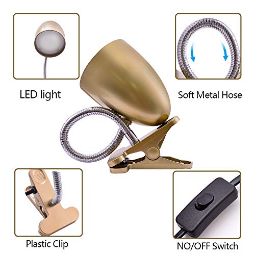 E ENERGETIC LIGHTING Clip on Light for Bed, Non-Dimmable Clip on Reading Light for Bed, 4000K Cool White, 3.5W 240 LM Desk lamp with clamp, Eye Protection, ETL Listed, Gold - color: Clip Lamp-Gold