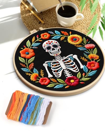 TINDTOP Embroidery Kit for Adult Beginners, Embroidery DIY Starter Kit, with Stamped Patterns, Hoop, Tools, Colorful Threads with Needles, Instructions (Skeleton A) - color: Skeleton A
