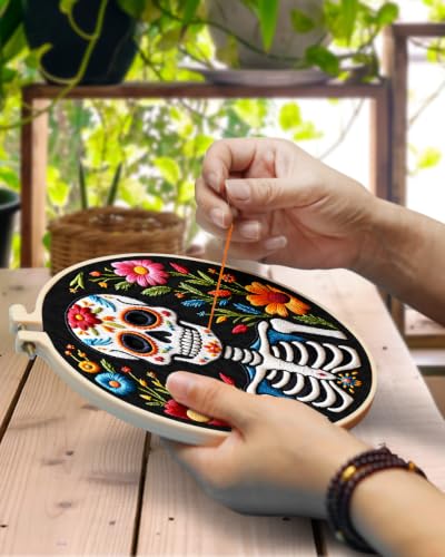 TINDTOP Embroidery Kit for Adult Beginners, Embroidery DIY Starter Kit, with Stamped Patterns, Hoop, Tools, Colorful Threads with Needles, Instructions (Skeleton C) - color: Skeleton C