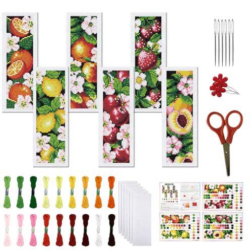 FREEBLOSS 6 Set Cross Stitch Bookmarks Kit Fruit&Flowers Stamped Cross Stitch Kit DIY Embroidery Bookmark Set with Instruction for Adults Beginners Gift for Reading Enthusiasts 8 * 2.4inch 11CT