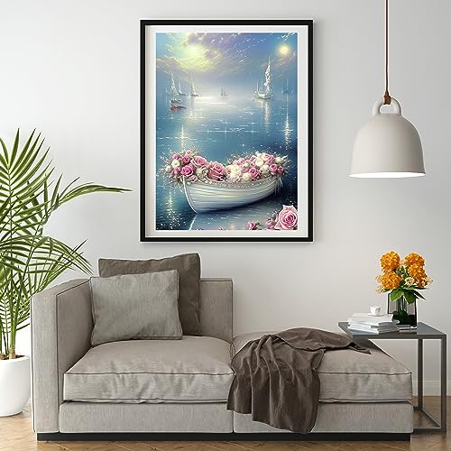 Moohue 14CT Stamped Cross Stitch Kits for Adults Beginners Counted Cross Stitch Kits for Adults Advanced (Flowers and Boats) - color: Flowers and Boats