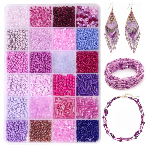 24 Grid Purple Glass Seed Bugle Tube Beads Kit for Jewelry Making DIY Craft - color: purple, size: 24 Grid