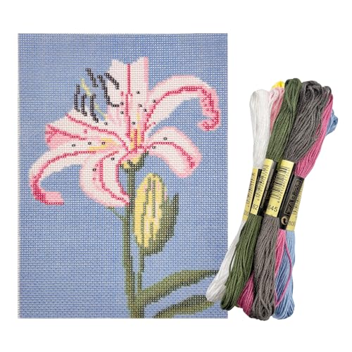 Howie's Needlepoint Flower Needlepoint Kits, 18CT Printed Embroidery Pattern Starter Kits, Stamped Patterns Canvas Kits(Pink Lily,5x7inch) - color: Pink Lily