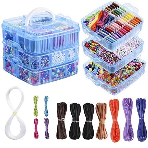 Peirich Jewelry Making Bead Kits, Includes 44 Embroidery Floss with 3-Tier Organizer Storage Box with Threads, Over 4900 Beads for Friendship Bracelets, Jewelry Making Christmas Birthday Gift (Blue) - color: Blue