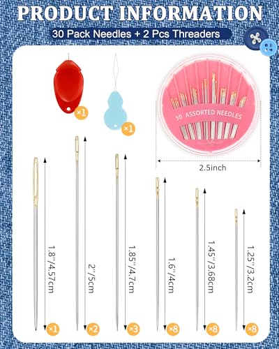30-Count Steel Sewing Needles for Hand Sewing, 6 Sizes Large Eye Embroidery and Hand Quilting Needles Kit with Threaders for Art & Craft Projects（Pink） - color: Pink
