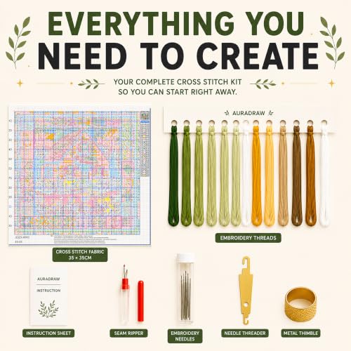 AuraDraw House Stamped Cross Stitch Kits for Beginners, 1CT Cross Stitch Kit for Adults, House Embroidery Set Crossstitch Wall Hanging Set 14x14inch - color: JLSZX-0003